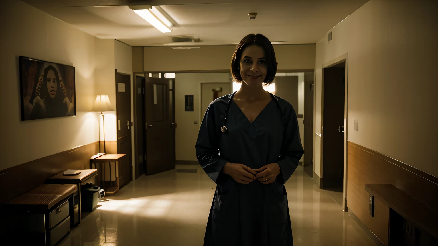 doctor standing facing the camera with a scary smile, hospital, corpo todo, Poor lighting, cinematic brilliance, ultra-detalhado, uma obra de arte, Horror, Cinematic scene, Luz pequena