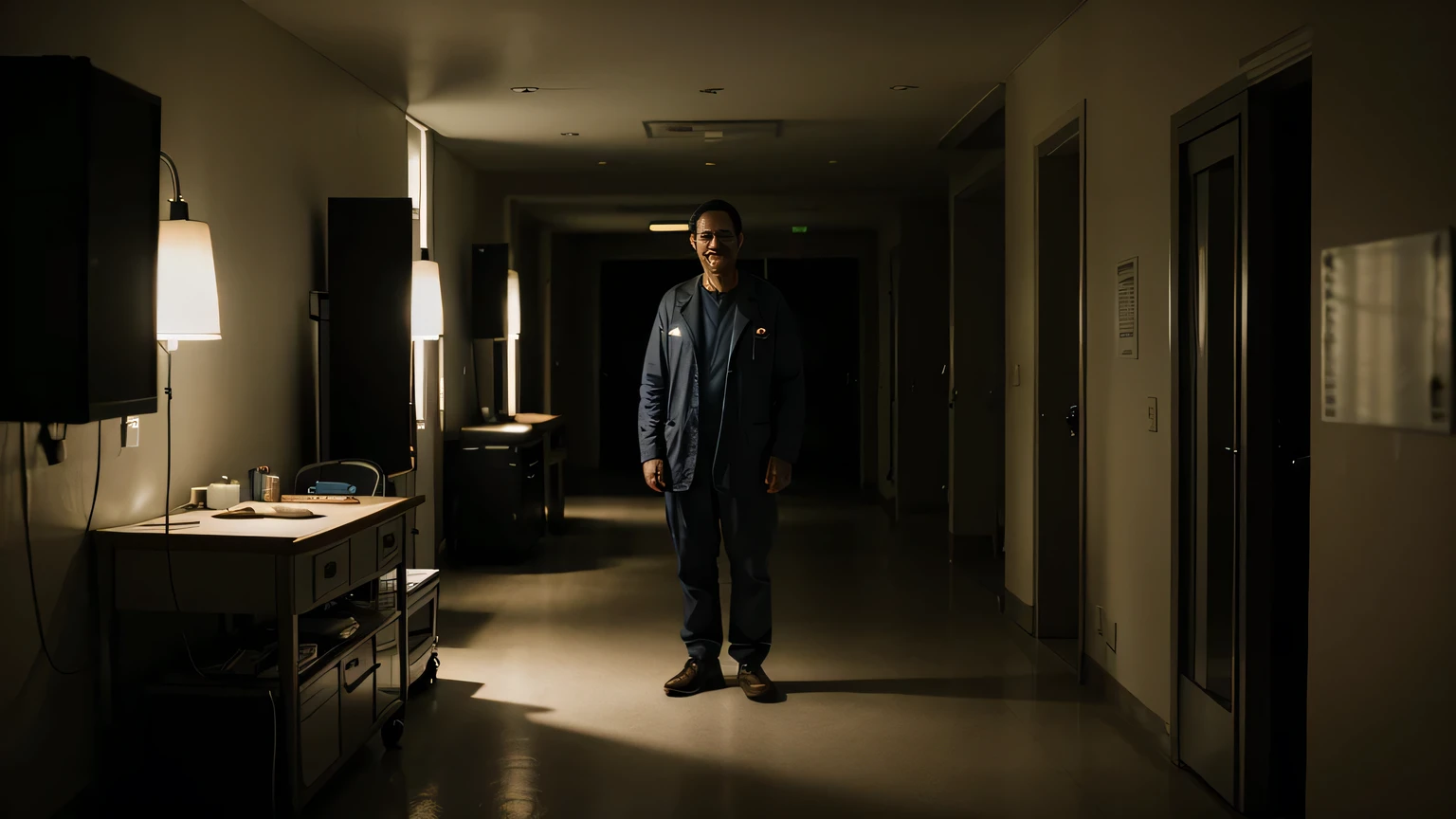 doctor standing facing the camera with a scary smile, hospital, corpo todo, Poor lighting, cinematic brilliance, ultra-detalhado, uma obra de arte, Horror, Cinematic scene, Luz pequena