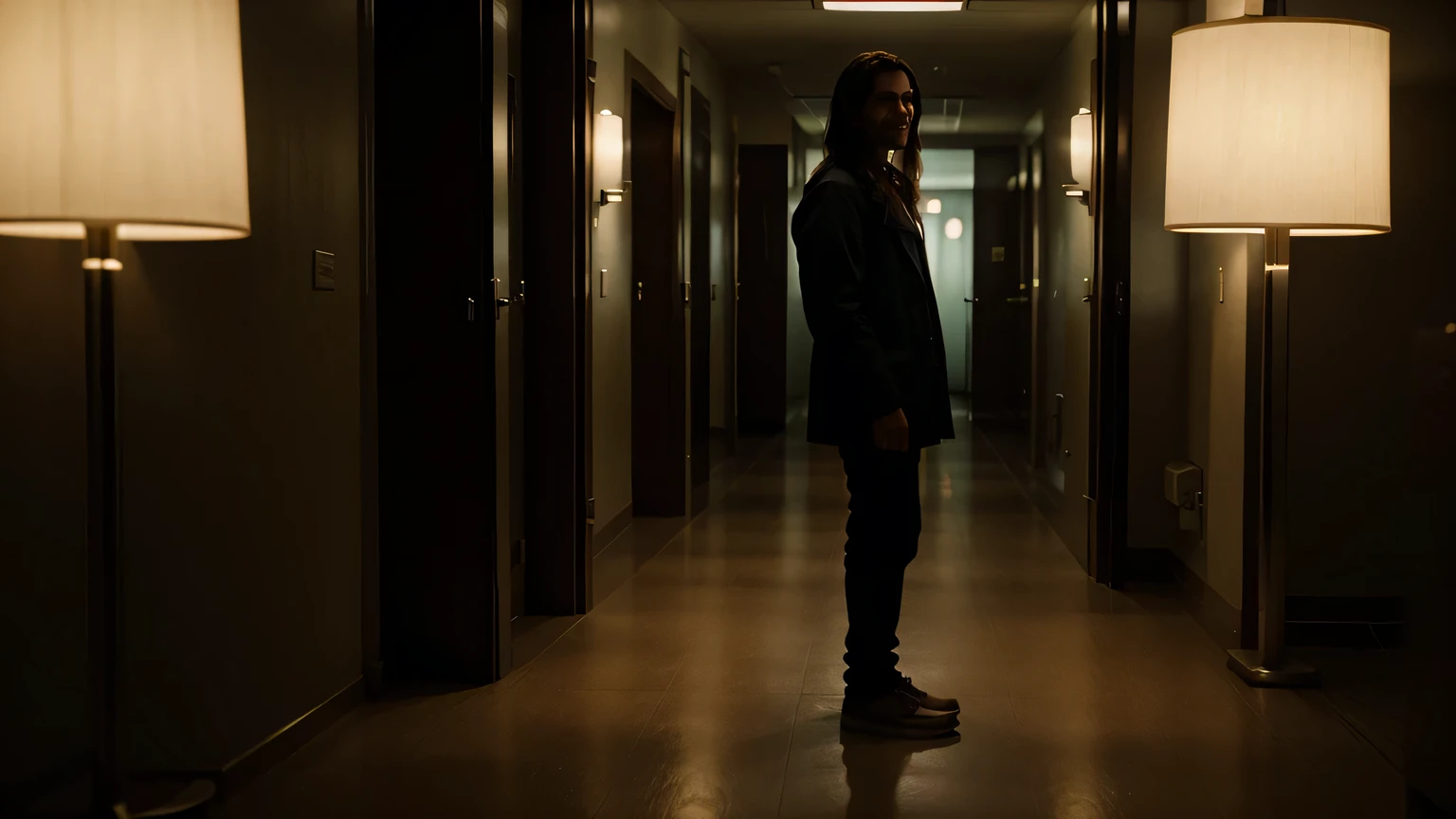 doctor standing facing the camera with a scary smile, hospital, corpo todo, Poor lighting, cinematic brilliance, ultra-detalhado, uma obra de arte, Horror, Cinematic scene, Luz pequena