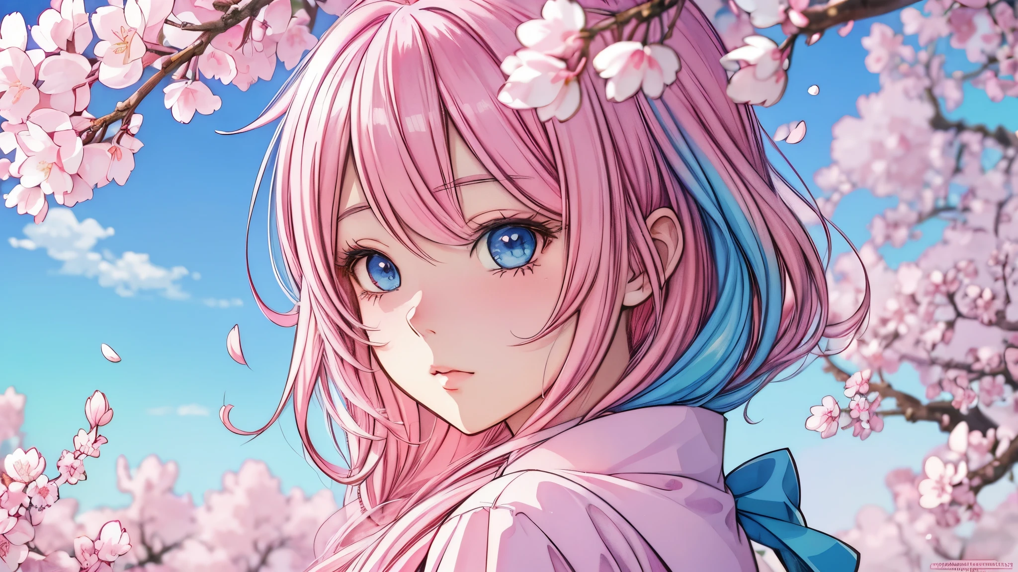 Detailed anime style, Beautiful and stunning artwork, Bright shadows, strong colors, Pastel cotton candy, a beautiful woman, pink hair, blue eyes, Beautiful scenery, Cherry blossom leaves, Linear and detailed illustration