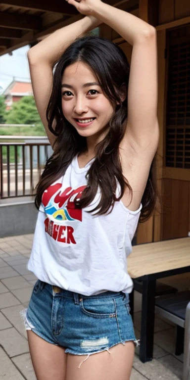 Japanese female university student eating bread、（（sweaty、Hair wet with smelly oil、arms raised、dark armpits、naked:1.7））