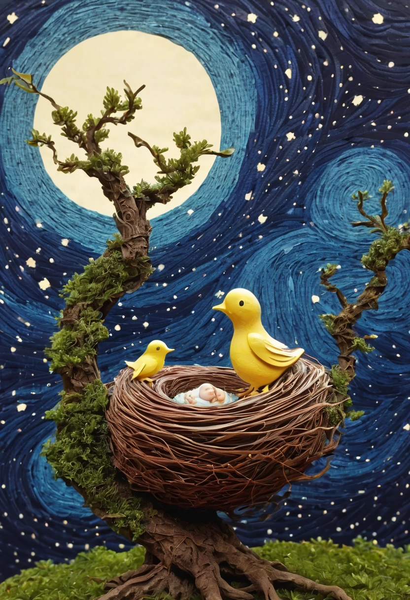 a newborn bird, the bird is abnormally fat and the nest is located in a bonsai, the nest breaks due to the weight of the chick and the chick falls, in a pot, surreal, funny, comic, starry sky, zentangle, origami, cinematic, emotional, epic, vincent van gogh,....by my self...lol