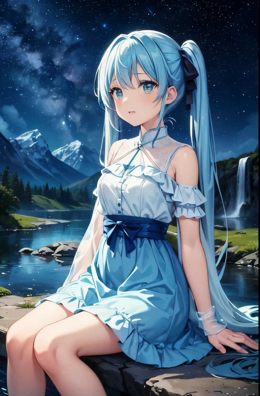 {{{table top}}}, {{best quality, Super delicate illustration, beautiful and delicate water}}, {{very delicate light}}, {{nature, painting}}, {{Fine Lighting, more transparent stars, Quality Mountains々、Very fine 8K PCG wallpaper}}, (plateau), night sky、starry sky、shooting star、milky way、randomly distributed clouds, cliff, ((回転するstarry sky)), ((mountain stream lake)), Beautiful girl with long light blue hair with luminous particles、twin tails