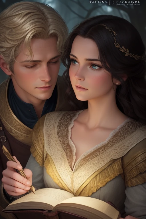 A captivating close-up image of a well-loved romance novel, featuring a couple lost in each other's eyes on the cover. This exquisite portrait is a masterpiece by the skillful hands of Galen Dara, showcased on popular platforms like Tumblr. The photorealism technique perfectly brings to life the intricate details of the couple, their emotions, and the textures of the worn book page. The young adult fantasy novel cover, with a dreamy, romantic style, invites readers to embark on a heartfelt journey. The artistry of Edmund Blair and Charlie Bowater, as well as Tom Bagshaw, contributes to the overall enchant
