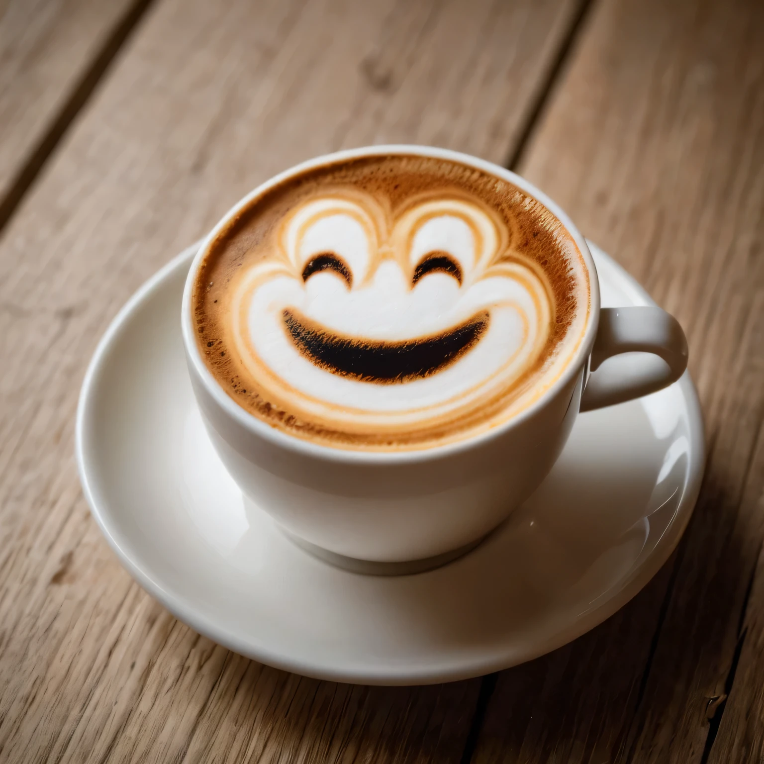 a cup of coffee with a smiley face on it, coffee, making the best smug smile, happy expression, latte art, smug grin, cappuccino, coffee art, beautiful, cute, uploaded, warm friendly expression, good morning, masterpiece, best quality, high res, detailed, realistic, UHD, 8k