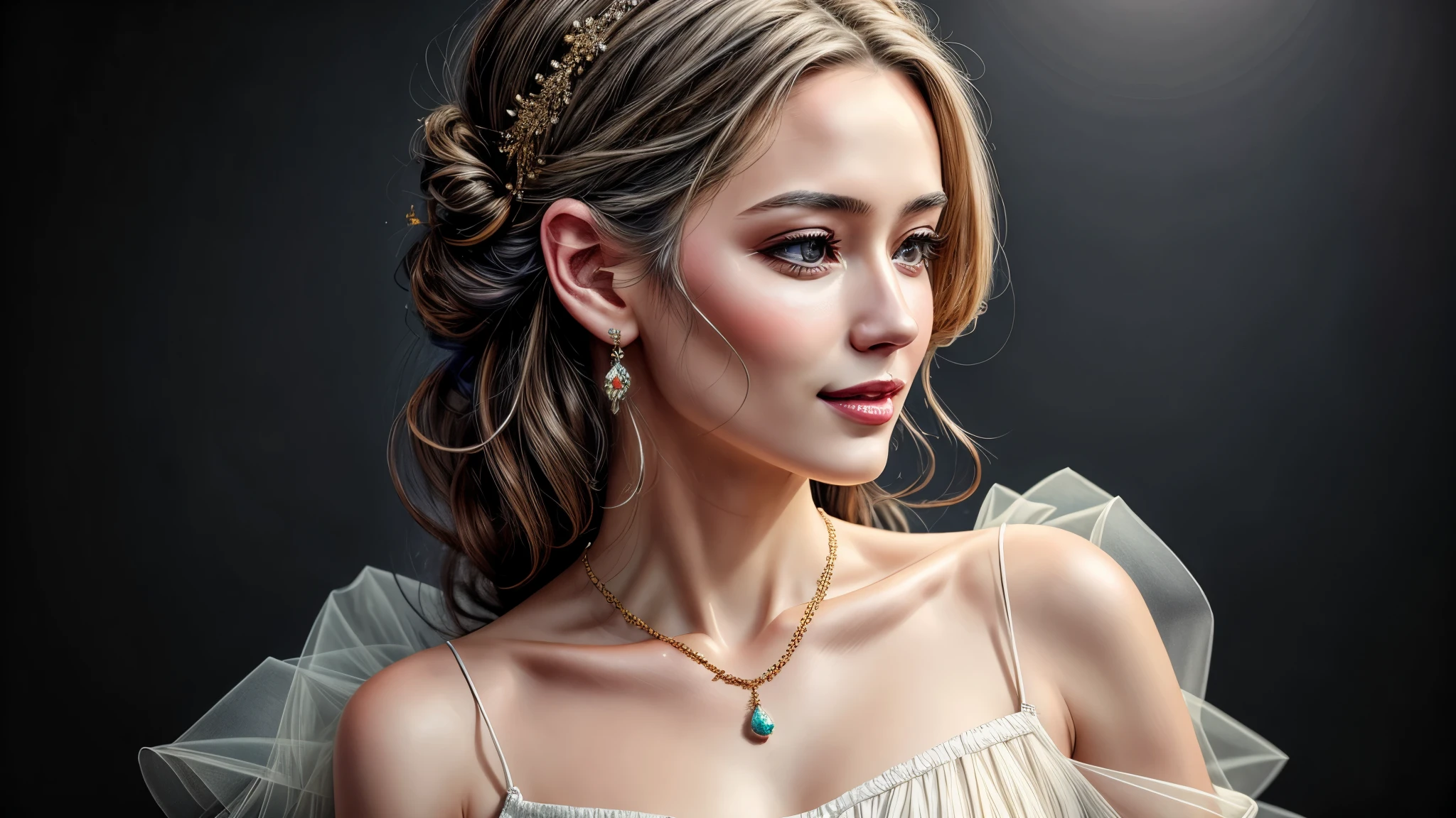 Best quality, masterpiece, high resolution, 1girl, clear silk porcelain dress, beautiful face, hair accessories, looking at the audience, smiling, close your mouth, lips, dress, hair accessories, necklaces, jewelry, long hair, earrings, beautiful face, on the body, Tindal effect, realism, dark studio, edge lighting, two-tone lighting, (high detail skin: 1.2), 8k UHD, DSLR, soft light, high quality, volumetric lighting, photo, high resolution 4K, 8k, blurred background