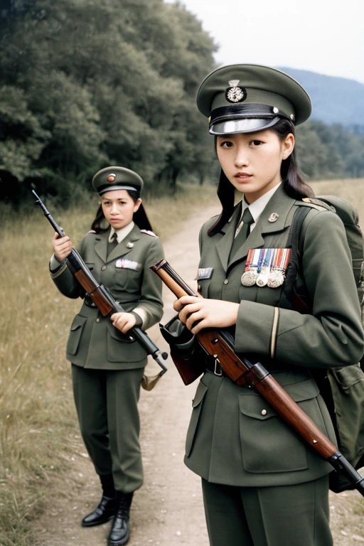 girls in second world war military uniform, holding weapons, on the battlefield