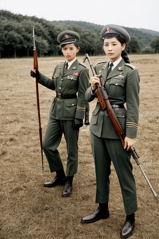girls in second world war military uniform, holding weapons, on the battlefield
