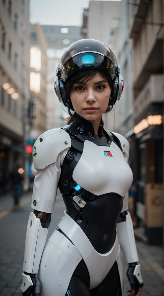Cyborg combat robot with the face of a beautiful and perfect girl with a very futuristic robotic and mechanical suit with very technologically advanced accessories in its futuristic helmet, white color, with bokeh effect in the back, ultra realism, photographic appearance, RAW style.