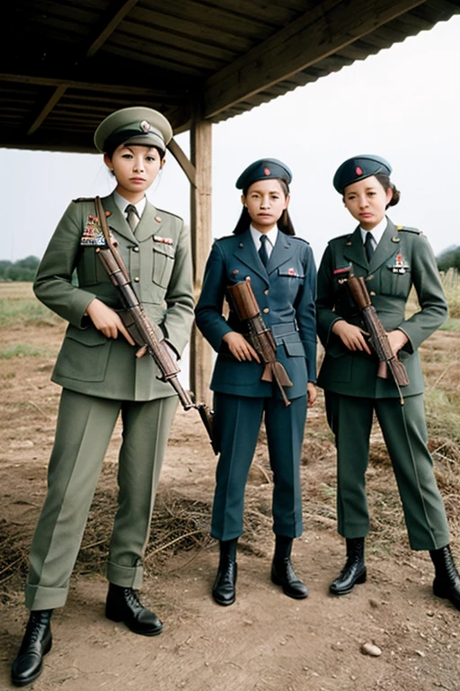 girls in second world war military uniform, holding weapons, on the battlefield