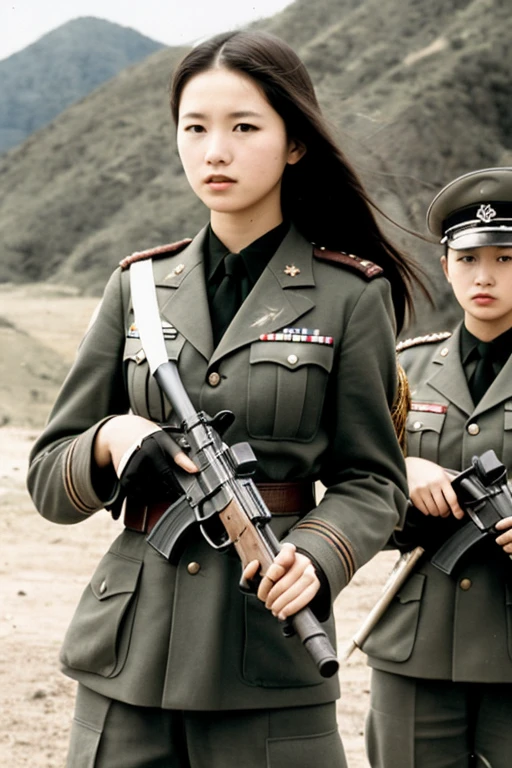 girls in second world war military uniform, holding weapons, on the battlefield