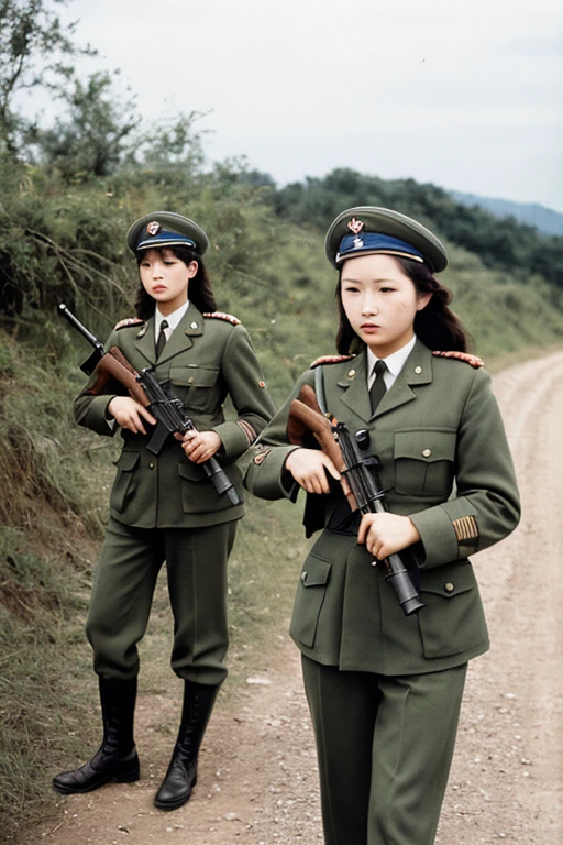 girls in second world war military uniform, holding weapons, on the battlefield