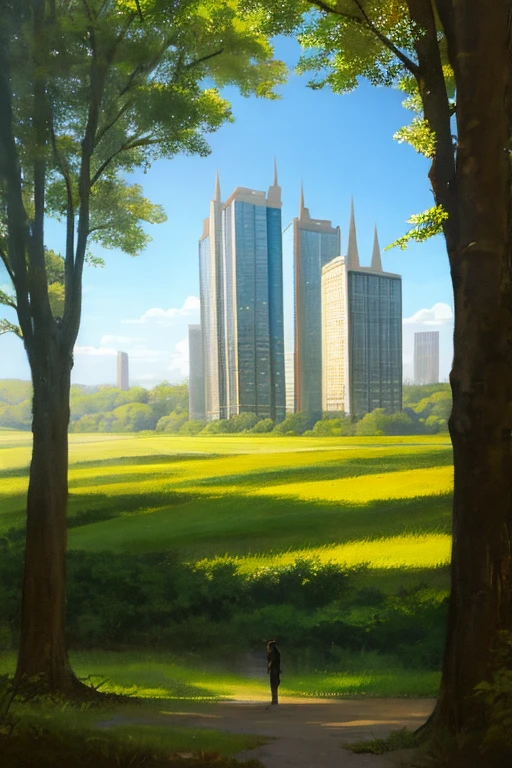 Estilo Ralph-McQuarrie, greek architecture done in a sci-fi style on a Lindo forest and meadow scene with tall buildings and open green spaces, Pintura a óleo, Lindo, altamente detalhado