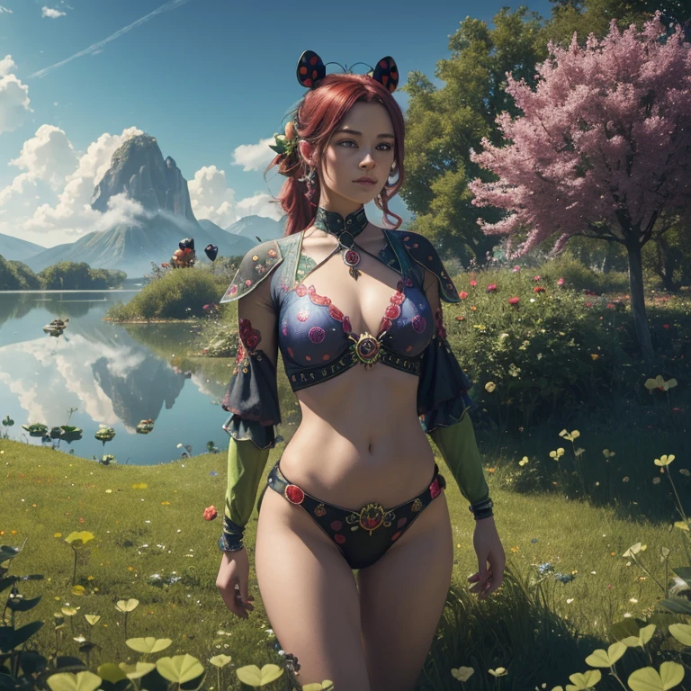 Photorealistic mystic ladybug on four leaf clover in lake,colores vibrantes,fantasy,warm hue,surrealista,Photorealistic masterpiece with 8k resolution,Professional Photography,Volumetric Lighting Maximalist Photoillustration by Marton Bobzert,Intricately detailed 8K resolution concept art,complejo,elegante,expansivo,fantastical,Mythical Clouds