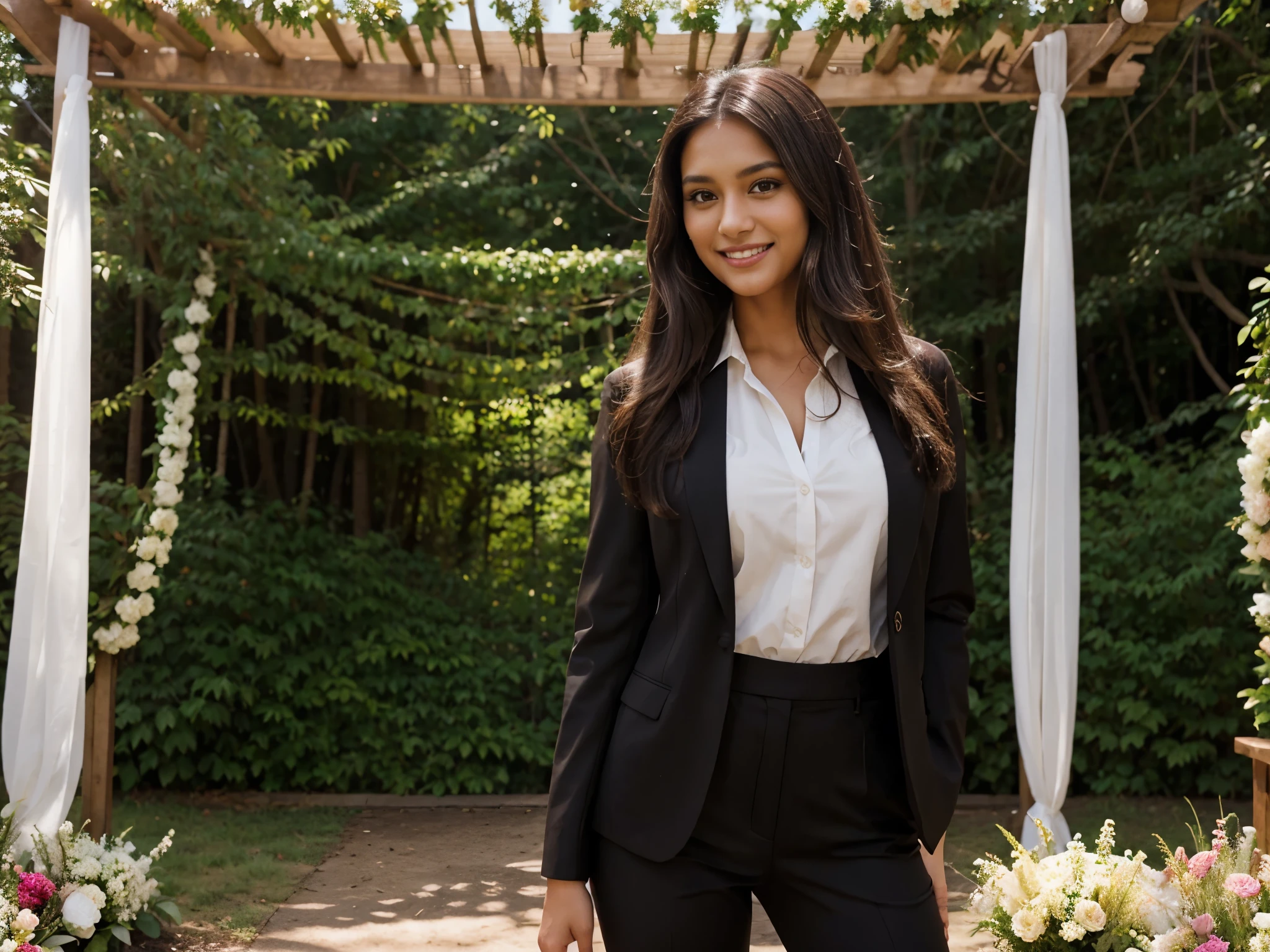 a beautiful brown American woman, wearing professional suite blazer and shirt, posing IN front of wedding stage full of flowers in forest, smiling, friendly expression , vibrant flower stage, long straight black hairs, flirty look, straight hairs, brown eyes, brown hairs, realistic skin texture, realistic photography