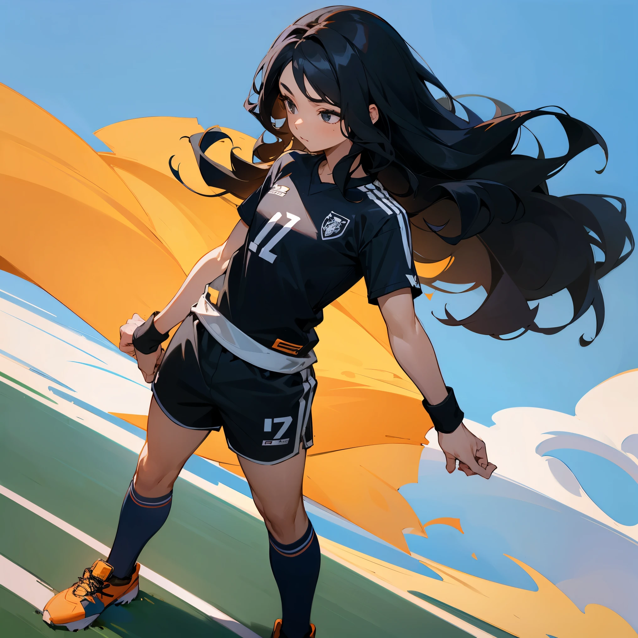 1female , Long Wavy Hair , Black Hair , Young Male , Soccer Jersey , Short Sleeves , Blueish Black Eyes , Muscular , Standing on soccer field , Wristbands , Curvy