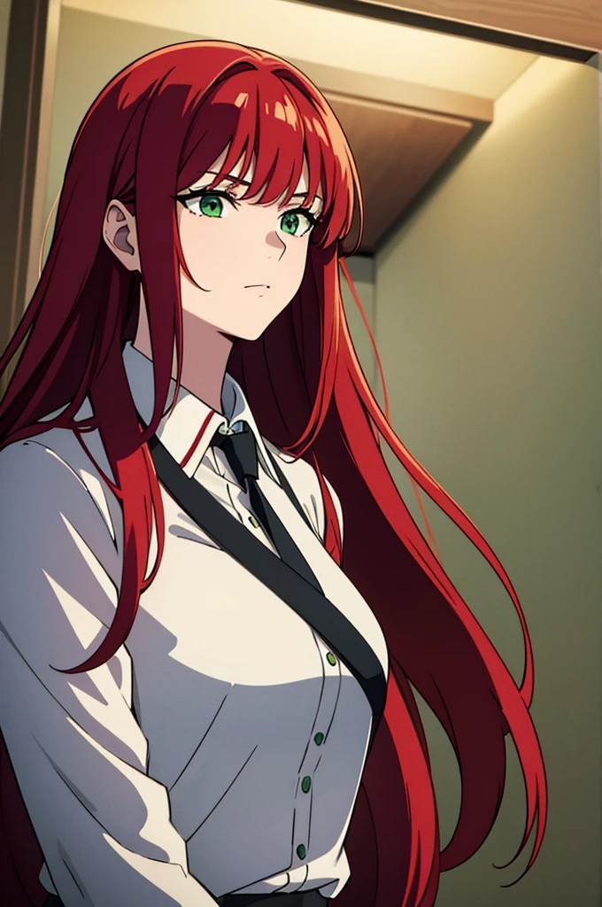((best quality)), ((masterpiece)), (detailed), perfect face, woman wearing office clothes, red hair, long hair, green eyes,