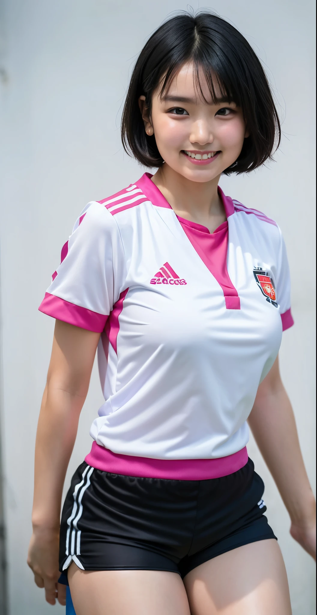 （8K、Raw photography、highest quality、masterpiece：1.2),(black haired、very short hair:1.9),show viewer,Looking at the front,erotic,white skin,(wearing a pink and white soccer uniform:1.6)、(Clothing that emphasizes the shape of your chest、Exposing the skin:1.8)、(big :1.8)、slim body shape、ultra high resolution,beautiful,beautiful fece,(alone, alone、no background:1.9),whole bodyボディー,japanese woman,（Photoreal：1.37）、photon mapping,reality、(Cute with a baby face: 0.6)、(cute smile: 1.7)、(With a round face: 1.8)、radio city、Physically based rendering、depth of field rally background、photograph, (I can see your knees,close up of thighs、Too short pants:1.6),whole body、super fine