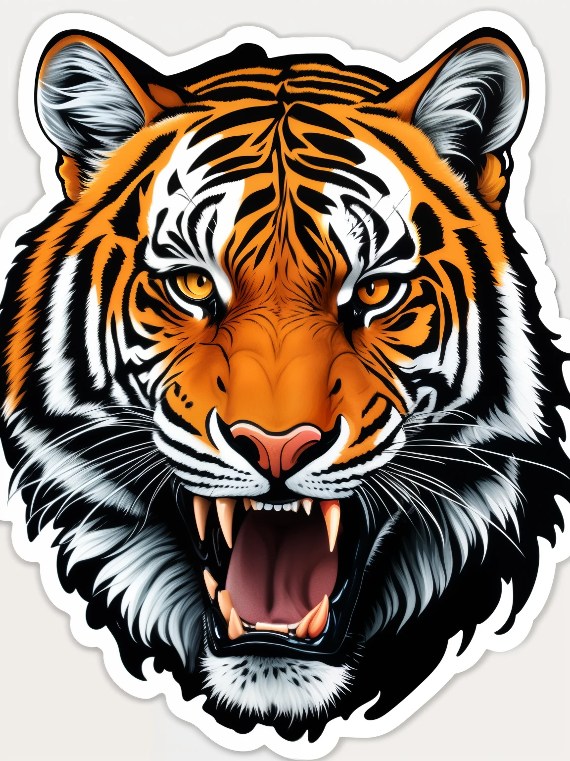 a tigre sticker with a tigre's face and fangs, tigre head, sticker illustration, tigre face, sticker design, Arte vectorial altamente detallado, ((tigre)), Las pegatinas cortadas, 3 0, Die - Pegatina de corte, tigre, Realista altamente detallado, very detailed illustration.&quot;, very detailed illustration, Hyper detailed illustration, realista altamente detallado, Apariencia feroz, pegatina vectorial