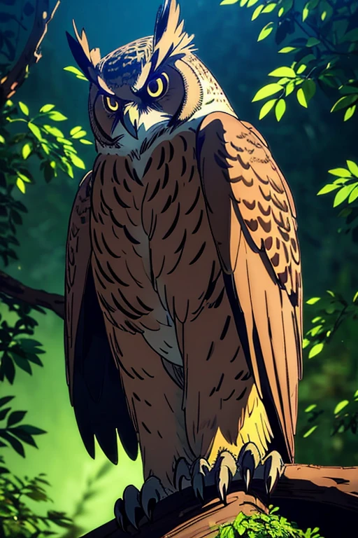 Eurasian eagle owl,brown eyes,bird of prey,sitting on a branch,nighttime,peaceful atmosphere,mappa art style,majestic,beautiful feathers,intense gaze,proud posture,imposing silhouette,sharp talons,feathery details,lush foliage surrounding the owl,dimly lit scene,dark color palette,dreamy ambiance,mystical aura,majestic creature