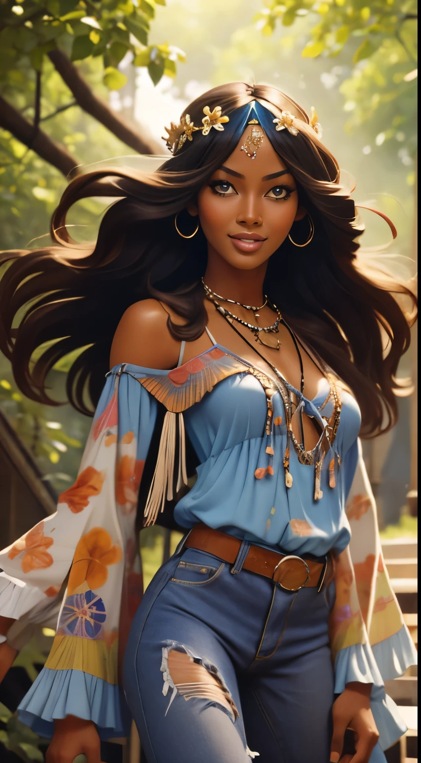 Foto hiperrealista en primer plano de Naomi Campbell, dressed in a tie-dye blue blue blouse paired with bell-bottom jeans and fringe accessories. She wears a headband or flower crown in her long, flowing hair. The setting is a bohemian-inspired outdoor music festival or a peaceful nature backdrop, capturing the free-spirited and laid-back vibe of the era 60Retro69Punch75, beautiful woman, skinny, medium breasts, black long hair, detailed face, smile, facing the camera, photo taken from a distance, age of 18 years old