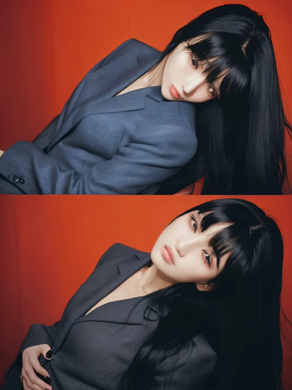 arafed image of a woman with long black hair and a suit, she has black hair with bangs, with bangs, with full bangs, anaglyph effect ayami kojima, ulzzang, long dark hair with bangs, sui ishida with black hair, long black hair with bangs, bae suzy, hair blackbangs hair, long hair with full bangs with boy like Taehyung.