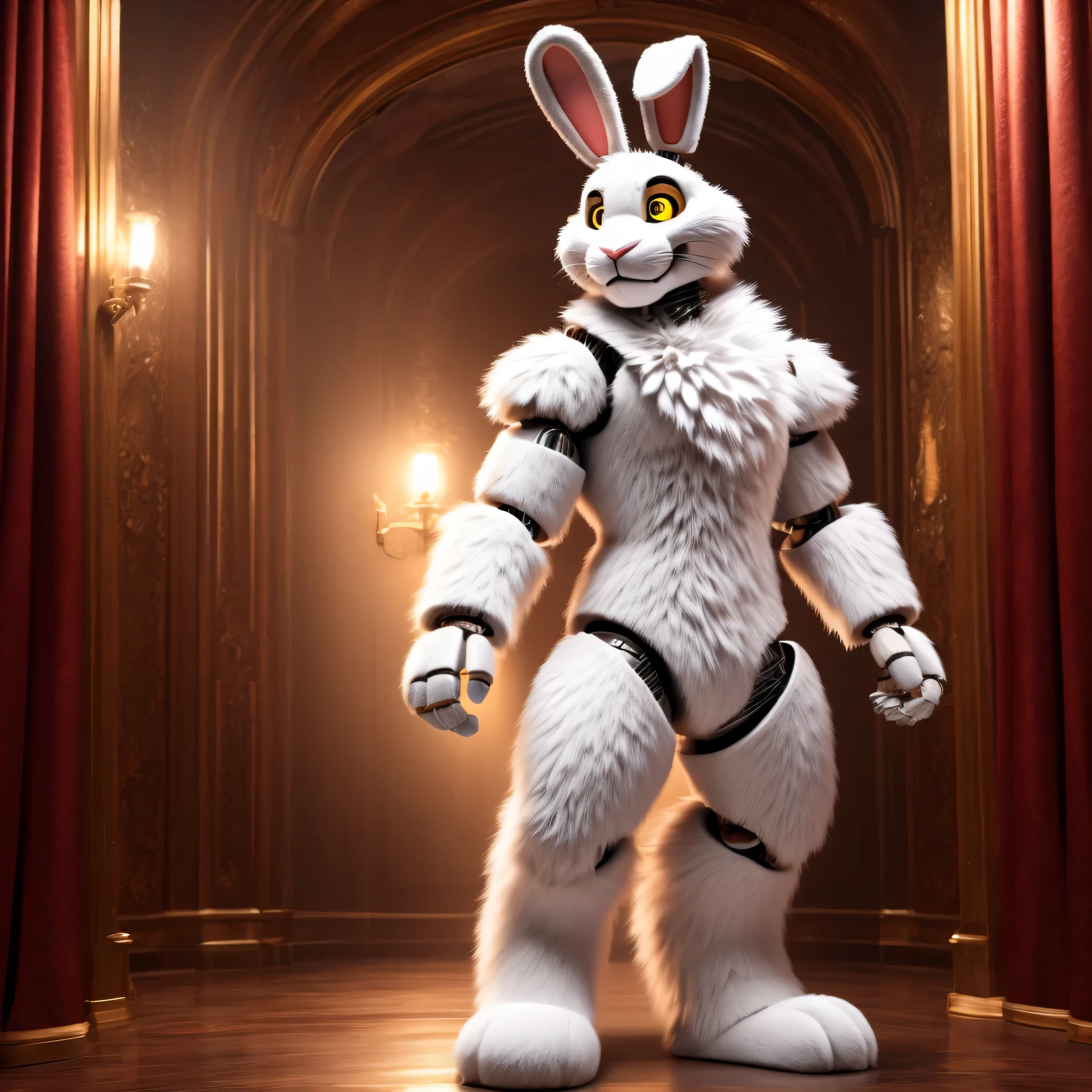 A 7 foot tall animatronic male white rabbit with yellow eyes. 8k HD, hdr, masterpiece, full body, ultra detailed eyes, ultra detailed body, ultra detailed face,