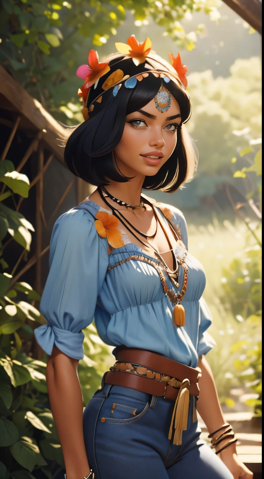 Foto hiperrealista en primer plano de Adriana Lima, dressed in blue peasant blouse paired with bell-bottom jeans and fringe accessories. She wears a headband or flower crown in her long, flowing hair. The setting is a bohemian-inspired outdoor music festival or a peaceful nature backdrop, capturing the free-spirited and laid-back vibe of the era 60Retro69Punch75, beautiful woman, skinny, medium breasts, black short hair (bob short hair:1.2), detailed face, smile, facing the camera, photo taken from a distance, age of ************