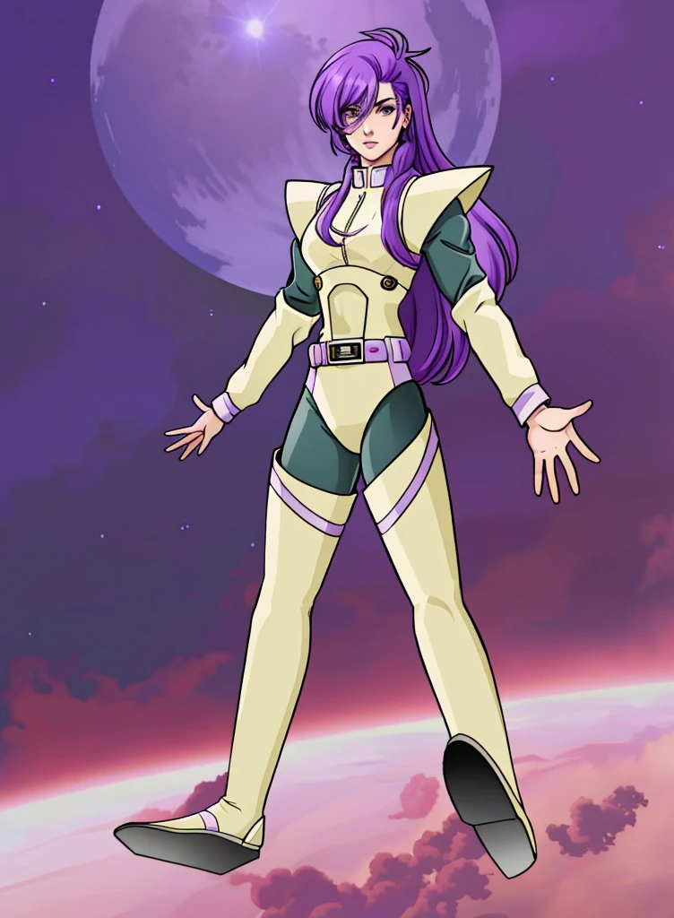 Shez in a body suit with purple hair, floating in the atmosphere of a planet, posing as a jojo character, fullbody portrait,