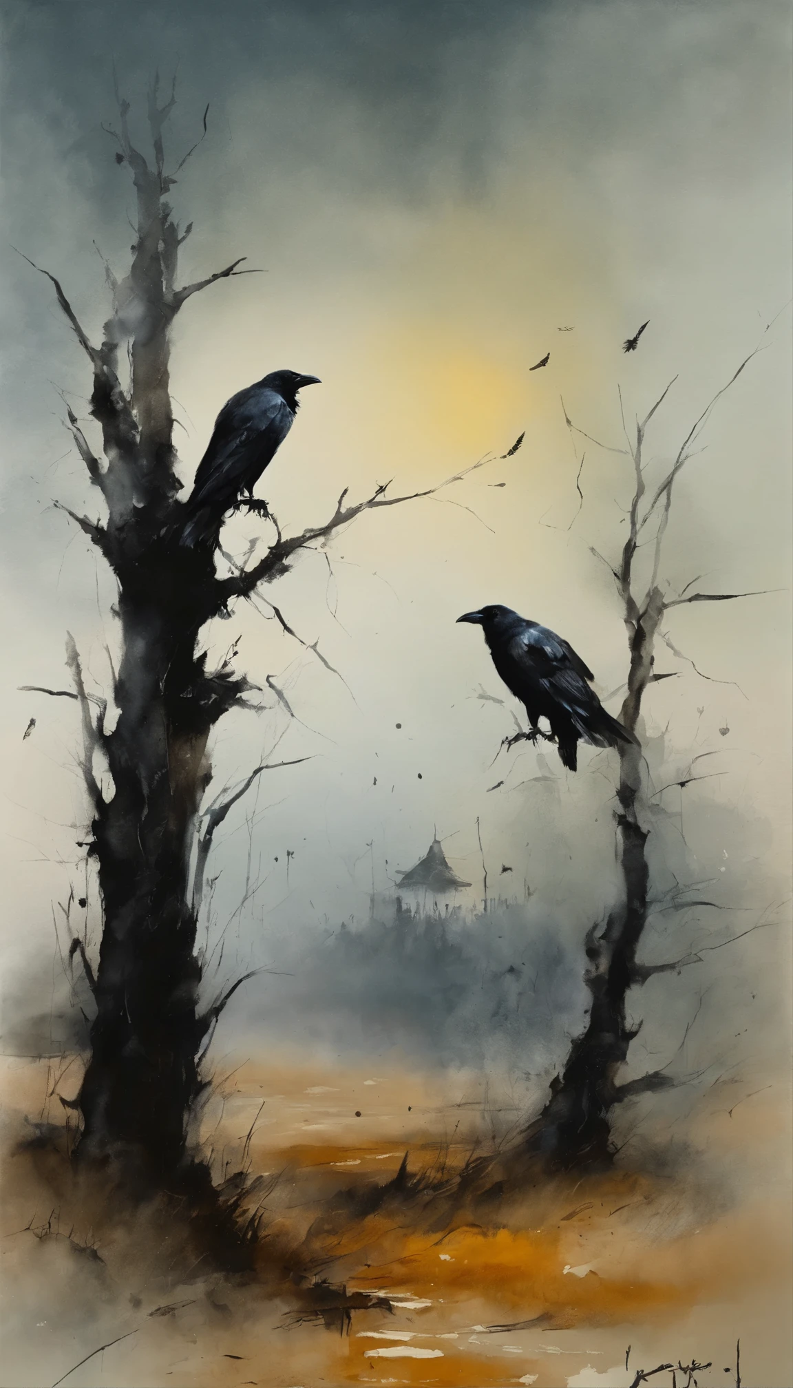 Two crows in a dead tree, Uma sombra em forma de andador, noite estrelada, Thick fog on the ground, Luz azul no horizonte, motor irreal 5, cinematographic, Low angle photography, desfoque de movimento, profundidade de campo, dust, Cobblestones and dirt. arte inicial, pingando tinta. Perfect color classification. influenciado por karel Appel e jeremy mann, Full of dramatic and threatening scenes, hiper-detalhado, Lindo, detalhes insanamente, detalhes intrincados, Fotografia Editorial, filmado com uma lente de 50mm, profundidade de campo, Tilt Blur, Velocidade do obturador 1/1000, f/22. Mapas de luz, super brilhante