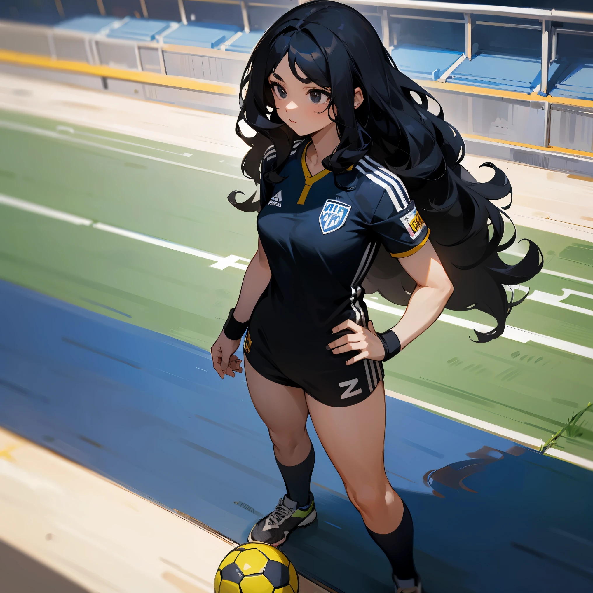 1female , Long Wavy Hair , Black Hair , Young Female , Soccer Jersey , Short Sleeves , Blueish Black Eyes , Muscular , Standing on soccer field , Wristbands , Curvy