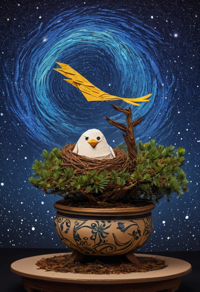 a newborn bird, the bird is abnormally fat and the nest is located in a bonsai, the nest breaks due to the weight of the chick and the chick falls, in a pot, surreal, funny, comic, starry sky, zentangle, origami, cinematic, emotional, epic, vincent van gogh,....by my self...lol