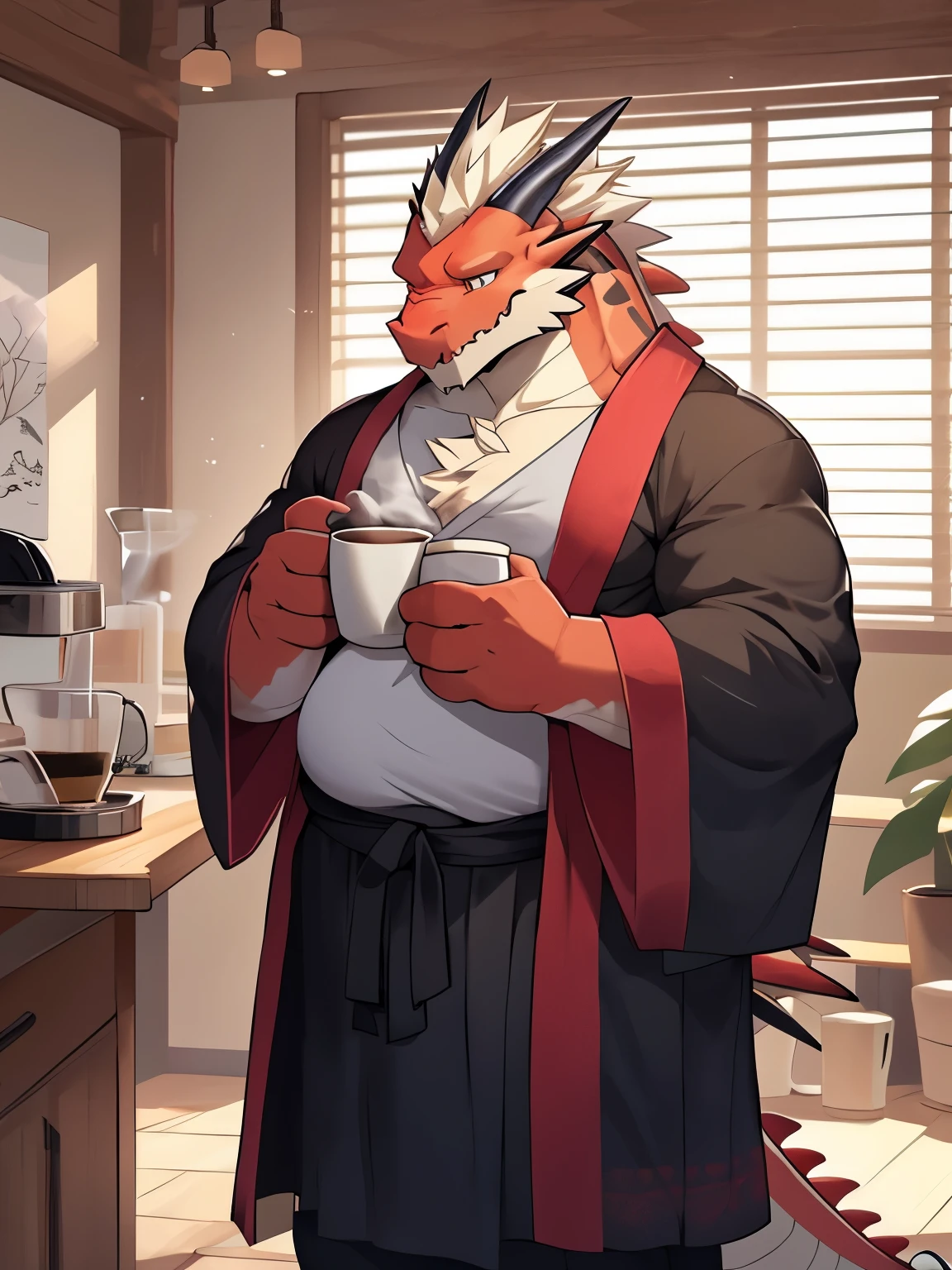 overweight red dragon man in a robe holding a cup, sleepy, dragon, but like an anthropomorphic dragon, thick, our dragon species, drinking coffee, SFW version, (SFW) safe for work, sleepy dragon, furry dragon, high quality fanart, young male anthro dragon