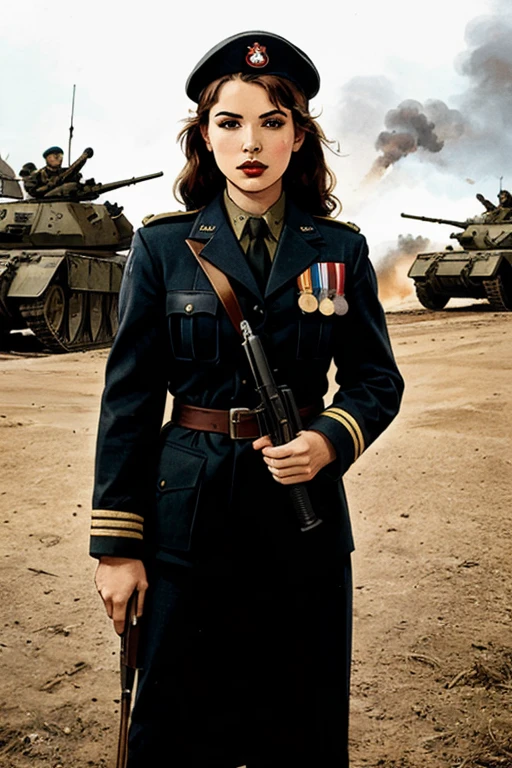 girls in second world war military uniform, holding weapons, on the battlefield
