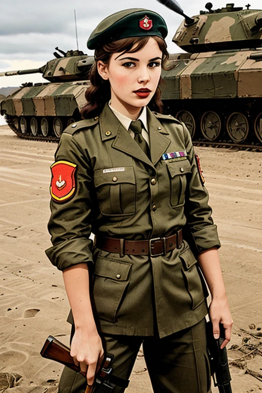girls in second world war military uniform, holding weapons, on the battlefield