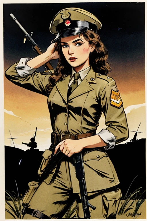 girls in second world war military uniform, holding weapons, on the battlefield