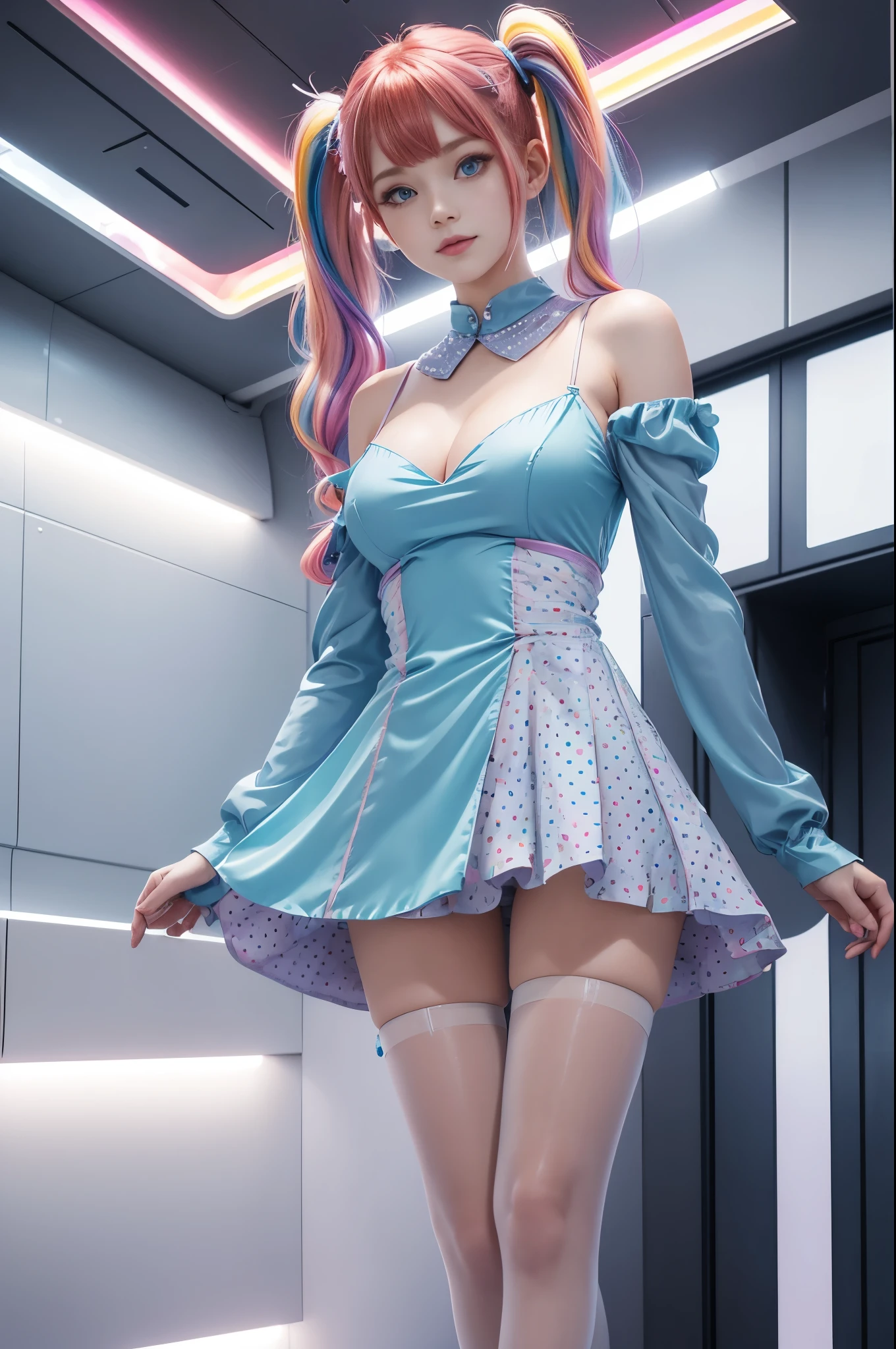 Cute redhead, gravure Idol, with rainbow colored hair tips, ribbons in her hair, 18-year-old woman, happy, in twin tails, perfect symmetrical eyes, clear sparkling blue eyes, pale skin, silky smooth skin, standing on a fancy luxurious space ship, large futuristic corridor, control panels, wood trim, decorative plants, warm lighting, wearing a futuristic party dress, pleated (chemise) mini dress (pastel rainbow colors, and polka dots), wearing full body pantyhose, cute short cut booties.