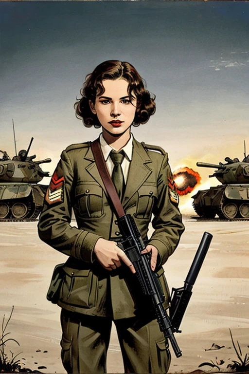 girls in second world war military uniform, holding weapons, on the battlefield