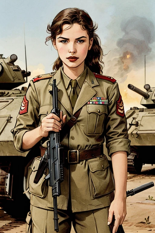 girls in second world war military uniform, holding weapons, on the battlefield