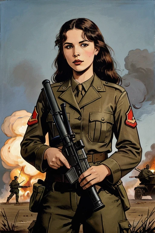 girls in second world war military uniform, holding weapons, on the battlefield
