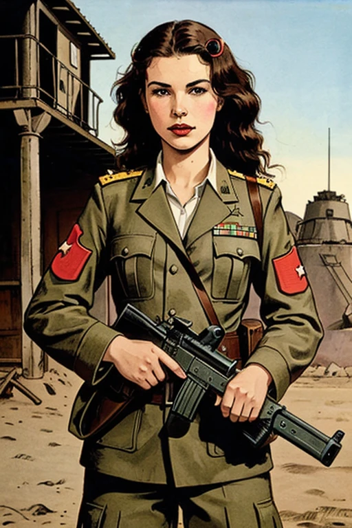 girls in second world war military uniform, holding weapons, on the battlefield