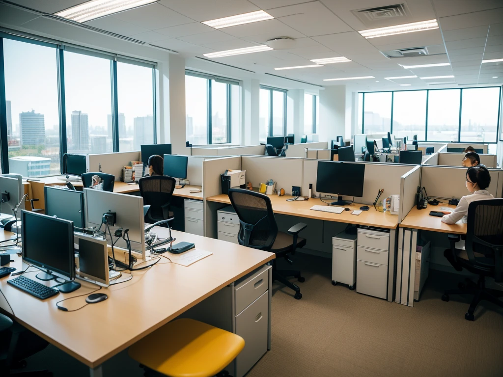 A bustling office in a corporate setting with a diverse team working together. The office is filled with modern equipment and sleek furniture. The walls are adorned with motivational posters and the room is well lit with natural light pouring in from large windows. The employees are dressed in professional attire, focused and engaged in their work. They collaborate and communicate seamlessly, sharing ideas and supporting each other as a cohesive team. The atmosphere exudes productivity and efficiency. The colors are vibrant and the overall tone is energetic. The image quality is of the highest standard, with ultra-detailed features and a realistic representation of the office environment. The prompt captures the essence of a successful corporation, showcasing the dynamic and harmonious work culture.