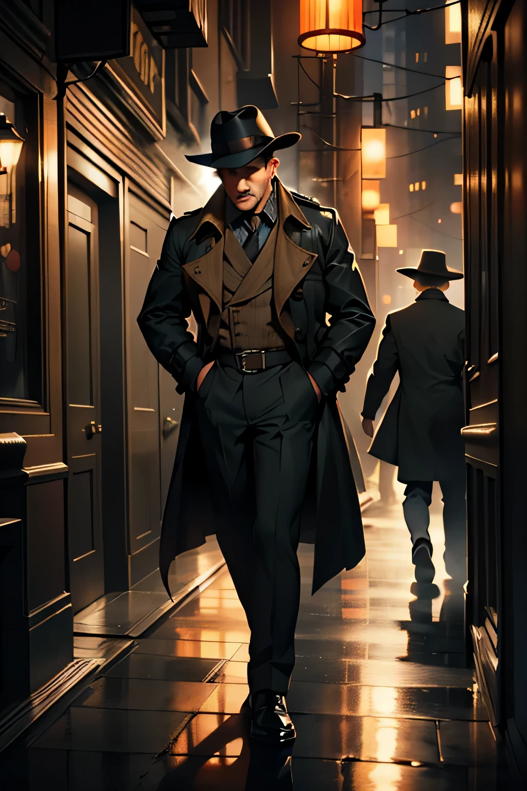 Uma imagem cativante de um detetive particular dos anos 1940, dressed in a seductive and attractive coat and fedora, investigando um clube de jazz fumegante. The scene exudes the ambience of a classic detective novel, as moody lighting casts long shadows and the sound of jazz music fills the air, criando uma atmosfera de intriga e perigo. O detetive, parado em um canto mal iluminado, take a drag on the cigar, smoke rising around you in 8K rendering, Octane rendering, super detailed rendering, and hyper-realistic 3D rendering.