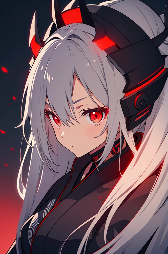 woman, grey samurai kimono, long grey hair, red glowing eyes, helmet