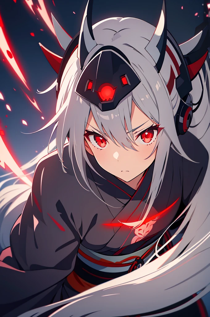 woman, grey samurai kimono, long grey hair, red glowing eyes, helmet