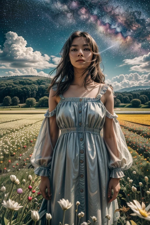 There is a girl standing on a flower field looking up at the sky, a girl standing on a flower field, a girl walking through a flower field, lost in a fairytale wonderland, standing on a flower field, Fantastic digital painting, the sky gradually clears, the starry sky gradually recedes, 8k UHD, DSLR, soft lighting, high quality, film grain, Fujifilm XT3, RAW candid cinema, 16mm, color graded portra 400 film, remarkable color, ultra realistic, textured skin, remarkable detailed pupils, realistic dull skin noise, visible skin detail, skin fuzz, dry skin, shot with cinematic camera, ((Full-Body Shot)), detailed skin texture, (blush:0.5), (goosebumps:0.5), subsurface scattering