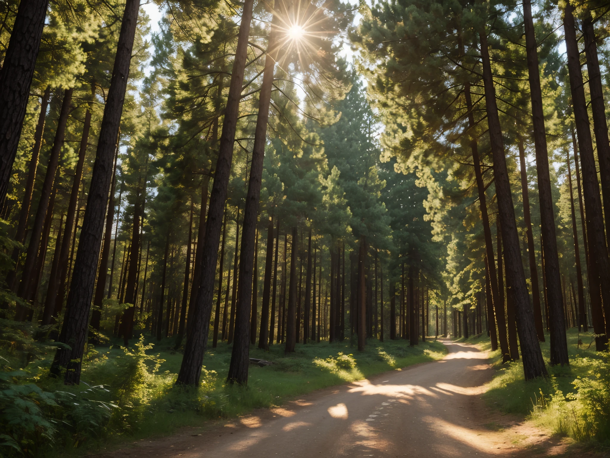(masterpiece, Best quality), complex parts, 8K, art station, Wallpaper, Official art, вспthe forestк искусства, Sharp Focus, the forest, El, pine, summer, day, sunny, path
