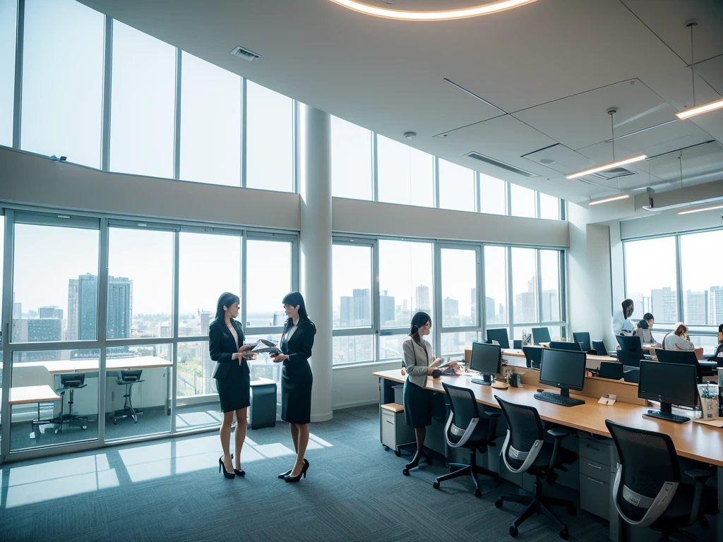 (a busy corporation office): modern office building, floor-to-ceiling windows, bustling open workspace, glass meeting rooms, sleek office furniture, high-tech equipment, shiny laptops, people in professional attire, focused individuals, collaborative teamwork, brainstorming sessions, productive environment, workstations with dual monitors, standing desks, natural lighting, motivational posters, whiteboard walls, coffee and snack stations, work-life balance, innovative ideas, efficient communication, successful projects, career growth opportunities