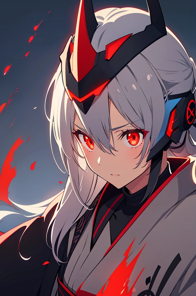 woman, grey samurai kimono, long grey hair, red glowing eyes, helmet