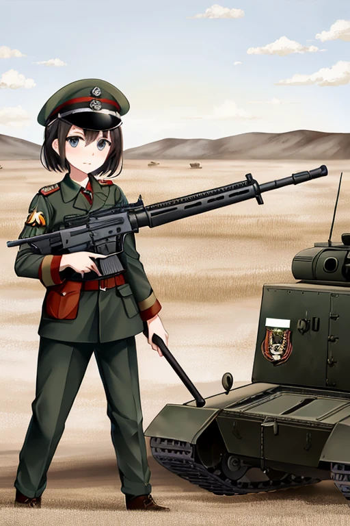 girls in second world war military uniform, holding weapons, on the battlefield